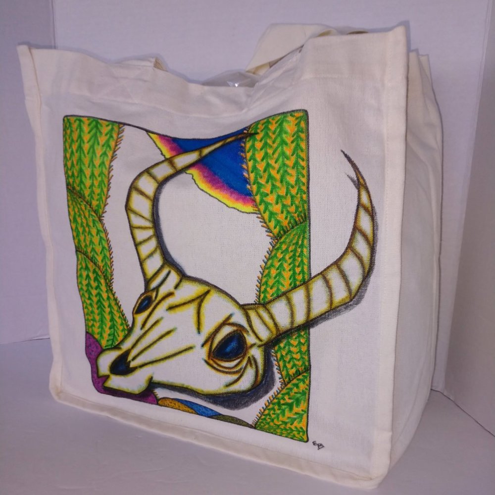 Hand-Painted Cow Skull Tote Bag: Desert Cactus Scene 14x13x7 - Picture 3 of 16